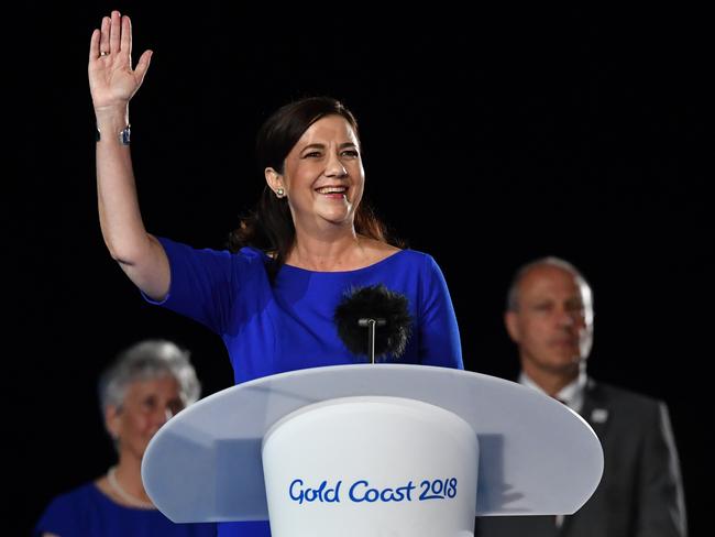 Premier Annastacia Palaszczuk speaks on stage during the closing ceremony of the XXI Commonwealth Games on the Gold Coast. Picture: AAP/Darren England