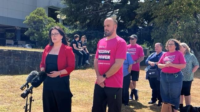 Labor's Ella Haddad speaks outside the Launceston General Hospital on Wednesday, February 19, 2025.