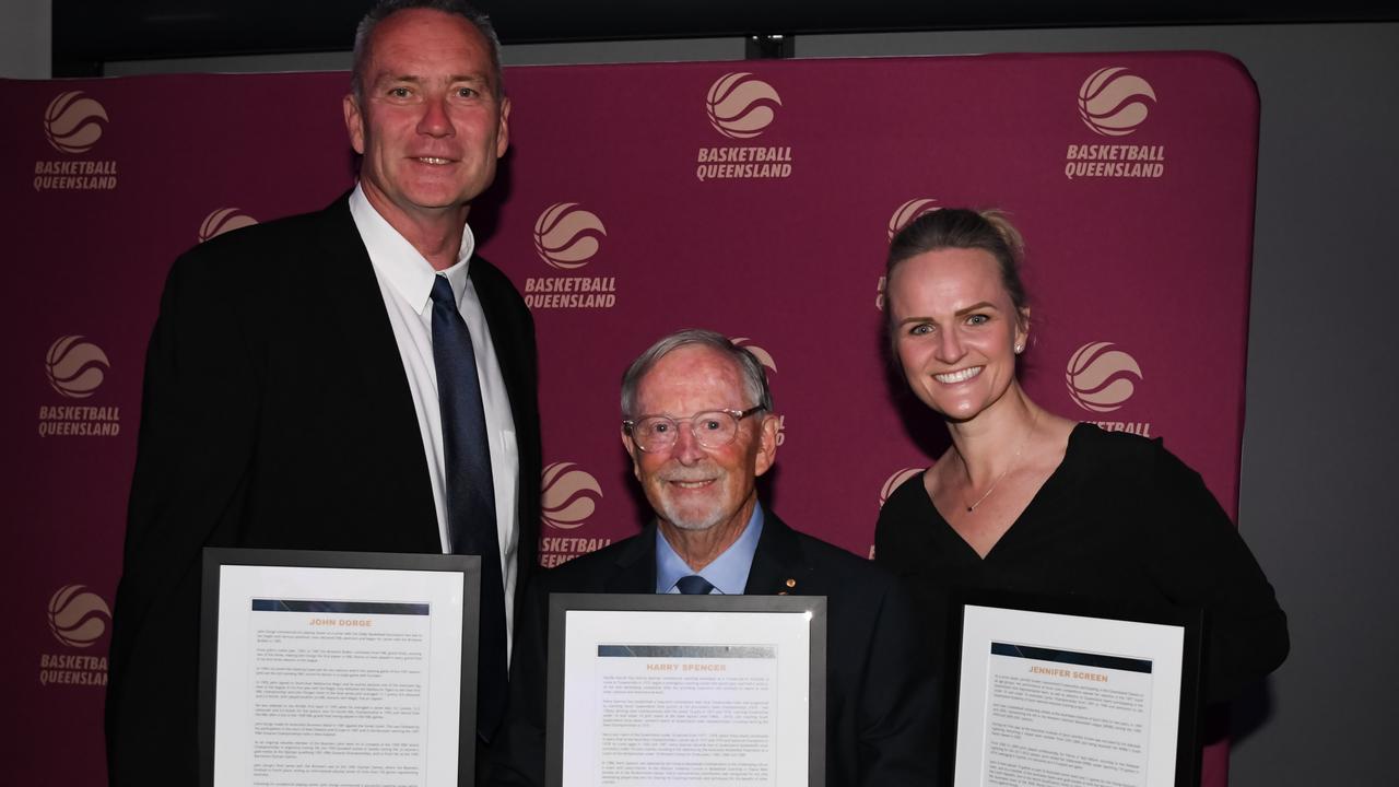 Toowoomba basketball identities (from left) John Dorge, Harry Spencer and Jennifer Screen celebrate being inducted into the Basketball Queensland Hall of Fame. Picture: Basketball Queensland/Highflyer Images