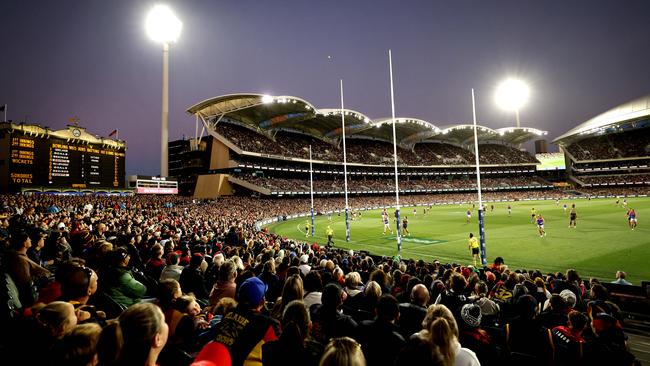 Adelaide Oval at sunset during the AFL Gather Round match between the Adelaide Crows and Melbourne Demons on April 4. Photo by Phil Hillyard.