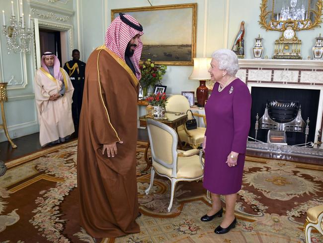 Britain's Queen Elizabeth II greets the Crown Prince of Saudi Arabia Mohammed bin Salman, during a private audience at Buckingham Palace in London. Picture: Dominic Lipinski/pool via AP.