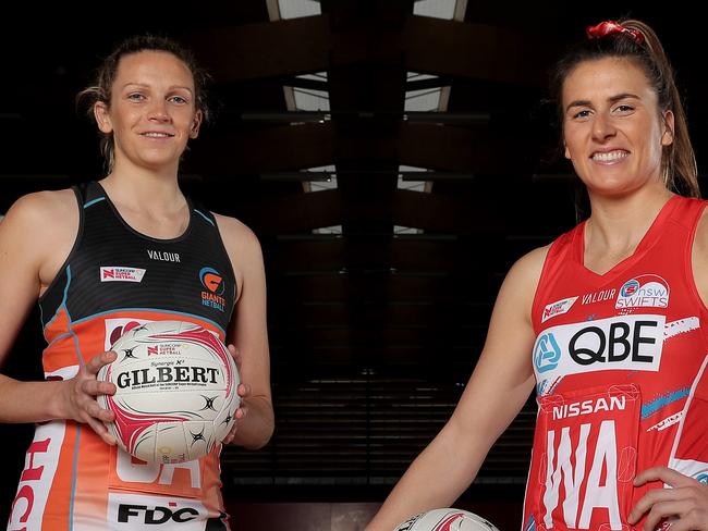 SYDNEY, AUSTRALIA - JULY 28: Jo Harten of the GWS Giants (L) and Maddy Proud of the NSW Swifts (R) pose during a Super Netball media opportunity at Ken Rosewall Arena on July 28, 2020 in Sydney, Australia. (Photo by Matt King/Getty Images)