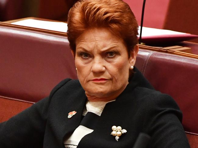 One Nation leader Senator Pauline Hanson during an amendment to part 18c of the Racial Discrimination Act in the Senate chamber at Parliament House in Canberra, Thursday, March 23, 2017. (AAP Image/Mick Tsikas) NO ARCHIVING