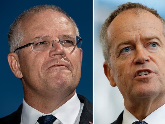 A composite image created on Tuesday, April 2, 2019 of,  Prime Minister Scott Morrison speaks at a press conference in Perth on Thursday, March 28, 2019. (AAP Image/Richard Wainwright) NO ARCHIVING **** Leader of the Opposition Bill Shorten speaks to the media during a visit to Holmesglen TAFE in Melbourne, Wednesday, March 27, 2019. (AAP Image/Erik Anderson) NO ARCHIVING