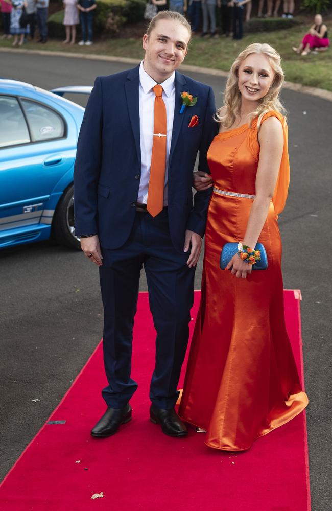 Graduate Lucy Hutchinson and partner Alex King arrive at Mary MacKillop Catholic College formal at Highfields Cultural Centre, Thursday, November 14, 2024. Picture: Kevin Farmer