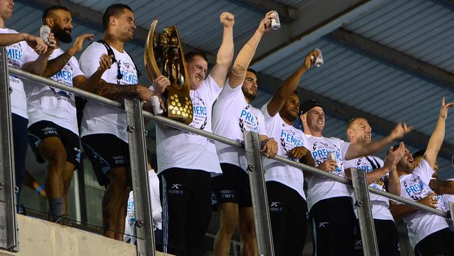 Sharks players celebrate their grand final triumph with Cronulla fans. Picture: Jeremy Piper