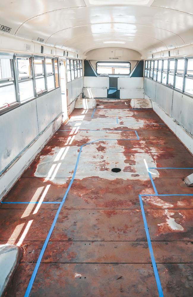 The inside of the bus before the renovations. Picture: MDWfeatures/Tawny McVay