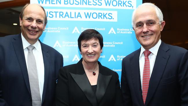 20/11/2017: (L-R) BCA President Grant King, CEO Jennifer Westacott and Prime Minister Malcolm Turnbull at the Business Council of Australia's annual dinner at Sheraton on the Park. Hollie Adams/The Australian