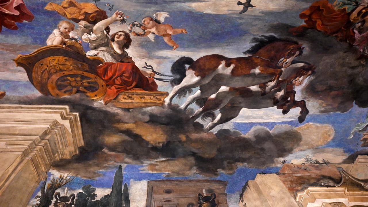 This photograph shows the ceiling painting 'Aurora on Her Triumphal Chariot' by Guercino in the Casino dell'Aurora inside the Villa Boncompagni Ludovisi in Rome. Picture: Vincenzo Pinto/AFP