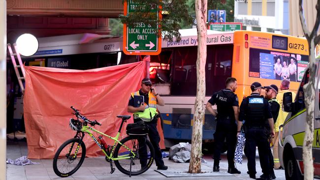 The scene of a fatal bus crash in the Brisbane CBD. Photo: Steve Pohlner