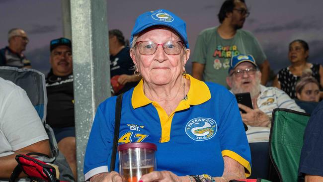 Lifelong Parramatta fan Kay Veitch celebrated her 80th birthday the day before the Eels took on the Broncos at TIO Stadium. Picture: Pema Tamang Pakhrin