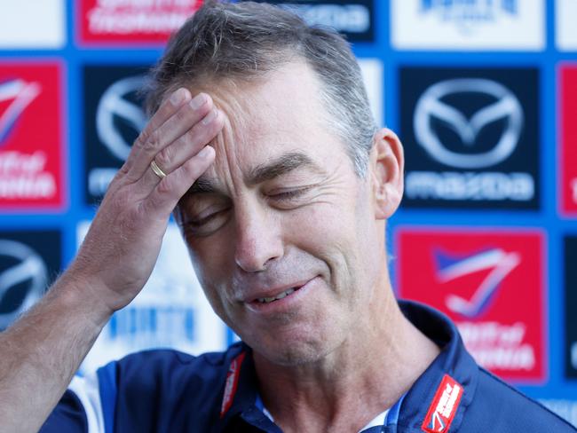 MELBOURNE, AUSTRALIA - MARCH 22: Alastair Clarkson, Senior Coach of the Kangaroos speaks to the media during a North Melbourne AFL media opportunity at Marvel Stadium on March 22, 2024 in Melbourne, Australia. (Photo by Darrian Traynor/Getty Images)