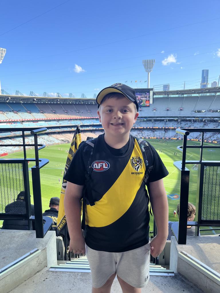 Oliver Boomsma, 7, of Melbourne at the MCG to watch the Tigers on Saturday. Picture supplied.