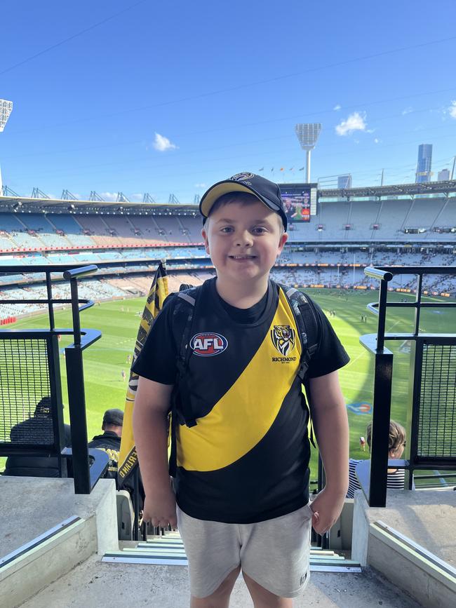 Oliver Boomsma, 7, of Melbourne at the MCG to watch the Tigers on Saturday. Picture supplied.