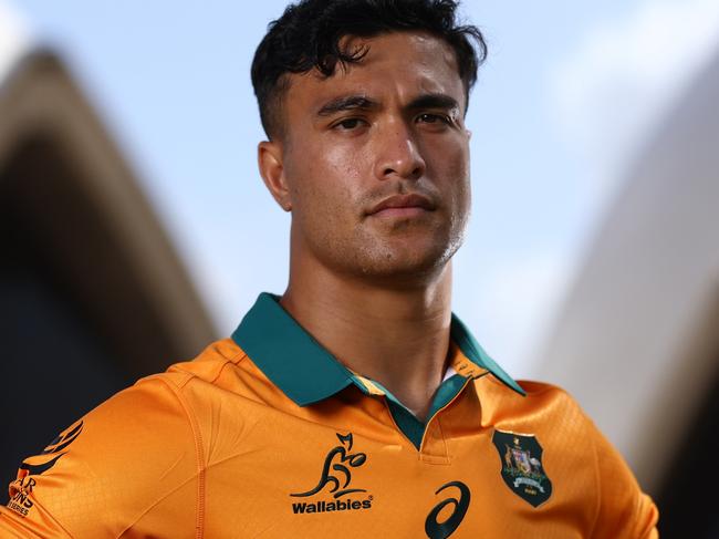 SYDNEY, AUSTRALIA - OCTOBER 29: Joseph-Aukuso Suaalii poses during the Wallabies jersey launch for the 2025 British & Irish Lions Tour at The Royal Botanic Gardens on October 29, 2024 in Sydney, Australia. (Photo by Jason McCawley/Getty Images)