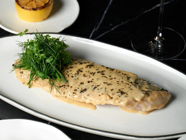 Coal roasted Murray cod, pepperberry butter, chives. Photo: Kristoffer Paulsen/Supplied