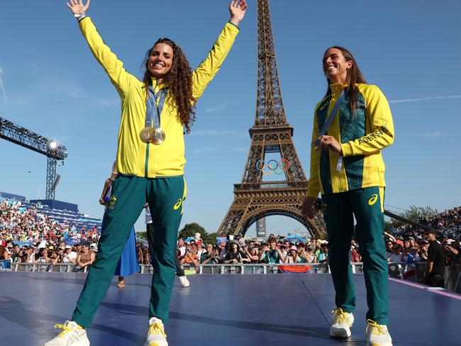 PARIS, FRANCE - AUGUST 06: Women's Canoe Slalom gold medalists Jessica Fox (L) and Noemie Fox of Team Australia pose for a photo with their medals at Champions Park on day eleven of the Olympic Games Paris 2024 on August 06, 2024 in Paris, France. (Photo by Carl Recine/Getty Images)