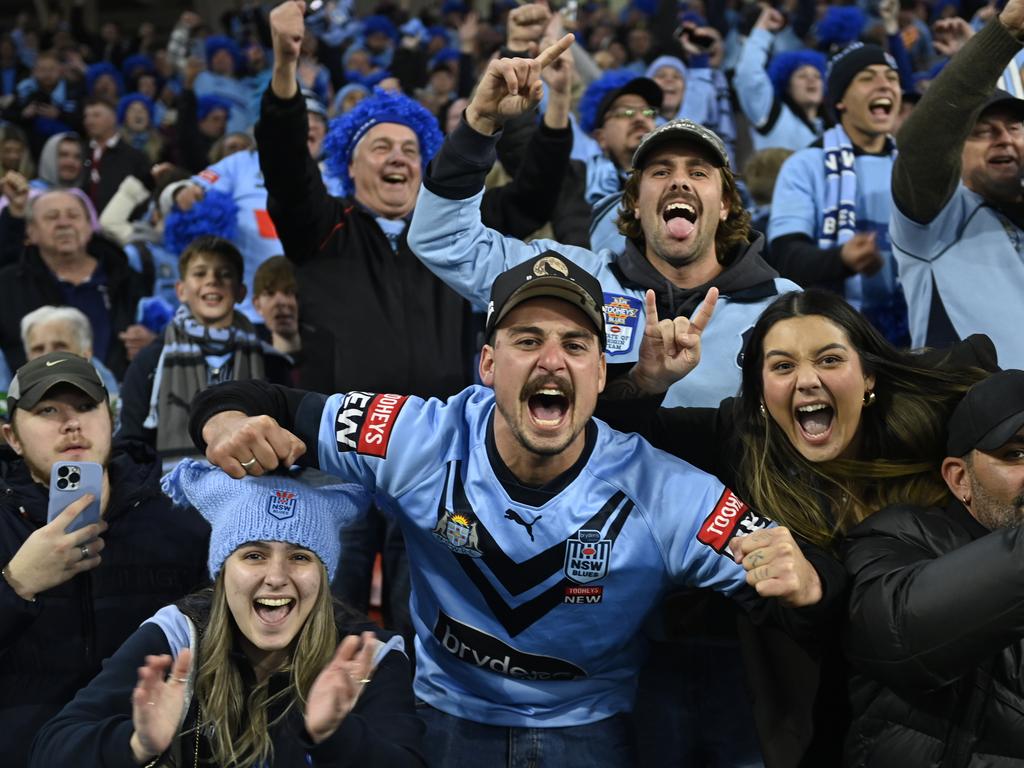 Blues fans celebrating the win. Picture: NRL Photos