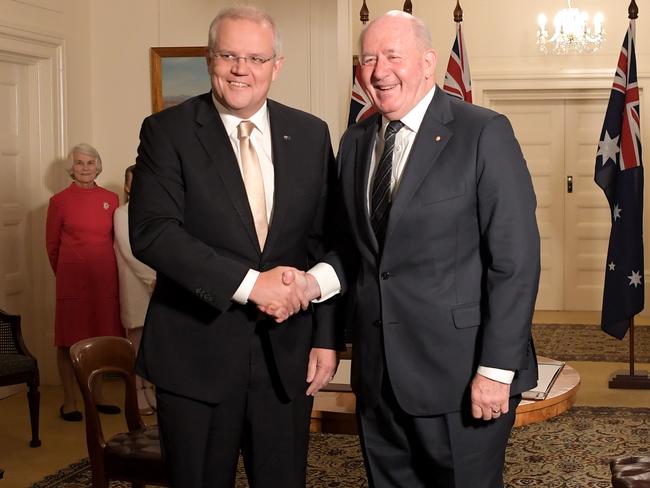 CANBERRA, AUSTRALIA - MAY 29: Prime Minister Scott Morrison shakes hands with Australia's Governor-General Sir Peter Cosgrove following the swearing-in ceremony at Government House on May 29, 2019 in Canberra, Australia. Scott Morrison announced his new ministry on Sunday 26 May, following his victory in the May 18 Federal election. The new Cabinet features a record number of women with seven taking on senior roles, including Bridget McKenzie as the first female Agriculture Minister. Ken Wyatt is the first indigenous person to be appointed the Indigenous Affairs Minister. (Photo by Tracey Nearmy/Getty Images)