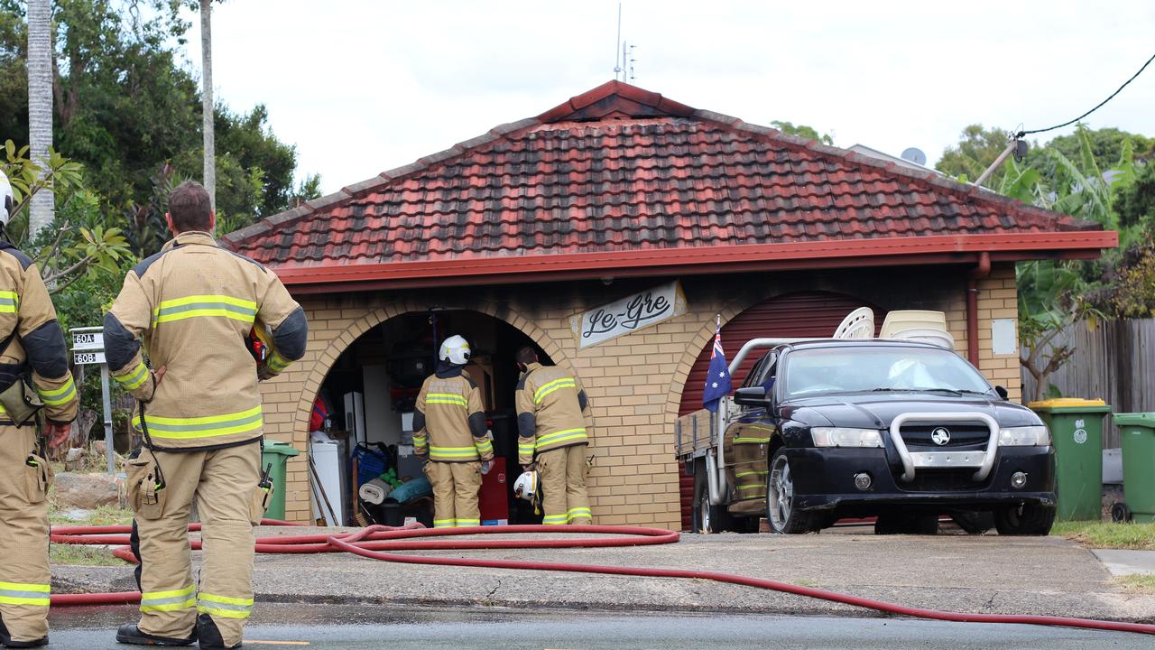 The fire engulfed the brick home in Dicky Beach, Caloundra, and left one man injured. Photo: Jorina Maureschat