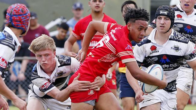 Dennishely Taukafa for Tonga with the ball. U16 Boys 5th Place play-off. Barbarians v Tonga. 2024 Pasifiika Cup Rugby Union at Whalan Reserve. Picture: John Appleyard