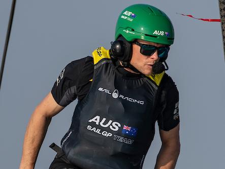 Chris Draper, wing trimmer of Australia SailGP Team, runs across the F50 during a practice session ahead of the Emirates Dubai Sail Grand Prix presented by P&O Marinas in Dubai, UAE. Thursday 21 November 2024. Photo: Felix Diemer for SailGP. Handout image supplied by SailGP