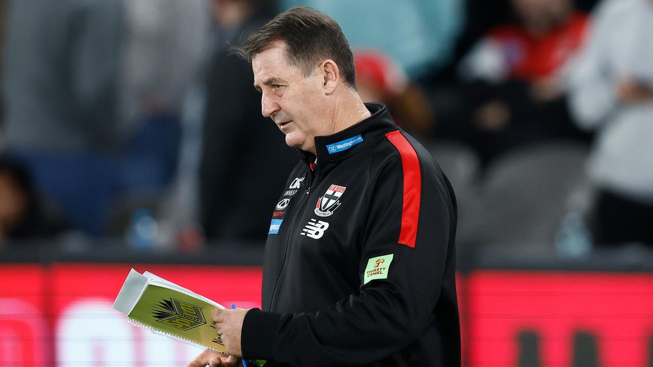 MELBOURNE, AUSTRALIA - MAY 04: Ross Lyon, Senior Coach of the Saints looks on during the 2024 AFL Round 08 match between the St Kilda Saints and the North Melbourne Kangaroos at Marvel Stadium on May 04, 2024 in Melbourne, Australia. (Photo by Michael Willson/AFL Photos via Getty Images)