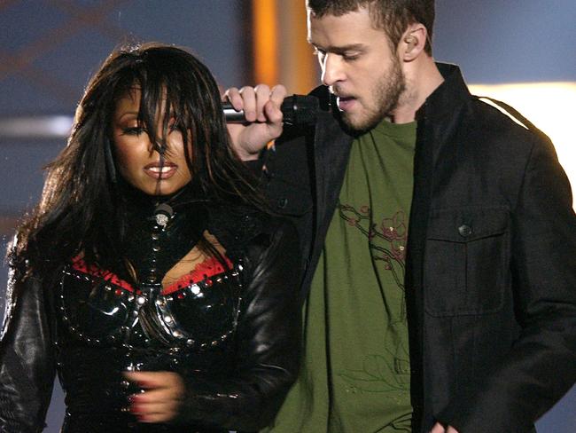 Justin Timberlake and Janet Jackson are seen during their performance prior to a wardrobe malfunction during the half time performance at Super Bowl XXXVIII in Houston in2004. Picture: AP/David Phillip