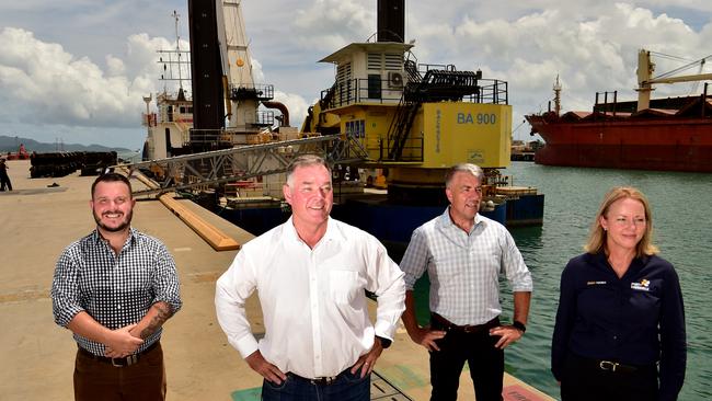 Port Channel Upgrade. Herbert MP Phil Thompson, Townsville MP Scott Stewart, Hall Contracting dredge general manager Mark McCurdy and Townsville Port CEO Ranee Crosby with the Woomera. Picture: Evan Morgan