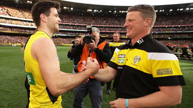 The captain and coach Damien Hardwick after masterminding the Tigers premiership win. Picture: Getty Images