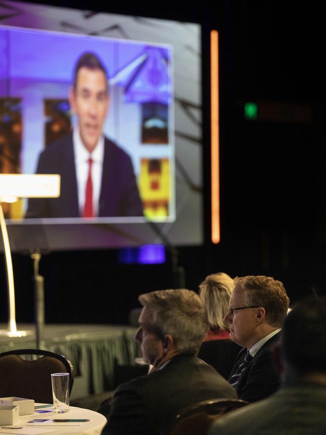 RBA governor Philip Lowe watches the address by Treasurer Jim Chalmers at The Australian Strategic Business Forum. Picture: Arsineh Houspian