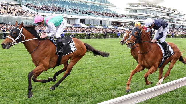 Serpentine heads into the Melbourne Cup off a second behind Surefire (left) in last Saturday’s Lexus Archer Stakes at Flemington. Picture: Getty Images