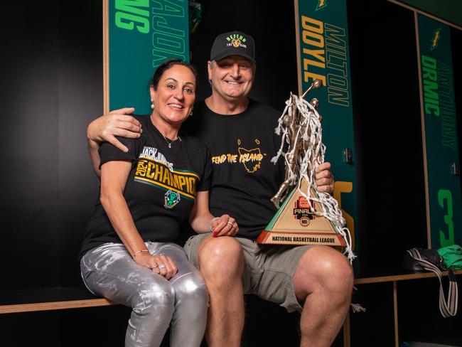 Tasmania JackJumpers thank the home crowd at MyState Bank Arena on Monday 1st April 2024. Tasmania JackJumpers CEO Christine Finnegan and Head Coach, Scott Roth with the NBL trophy.Picture: Linda Higginson / Tasmania JackJumpers