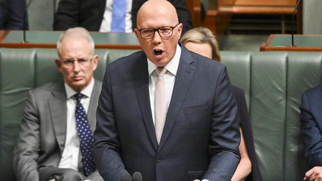 Peter Dutton delivering his budget reply speech. Picture: Martin Ollman/NCA NewsWire