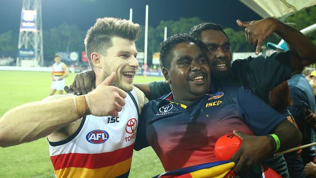 Adelaide’s Bryce Gibbs celebrates winning the round 11 AFL match against Melbourne at TIO Stadium. Picture: Scott Barbour/Getty Images.