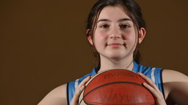 Indy Maher, the youngest daughter of three-time NBL champion Brett Maher, will star with Sturt in the SA Junior Basketball Championships. The Advertiser will live stream Sunday’s grand finals. Picture: Keryn Stevens