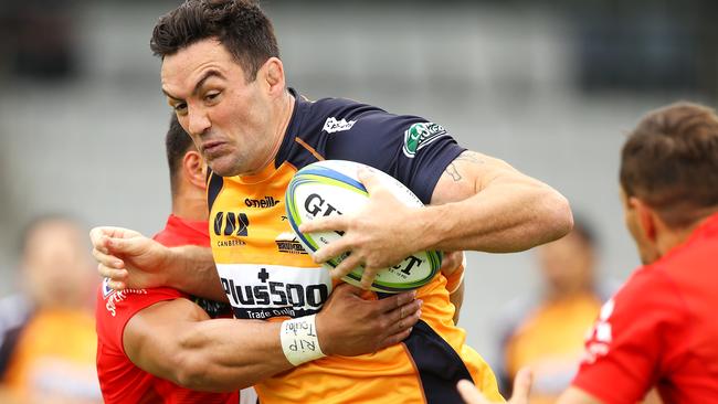 Cadeyrn Neville of the Brumbies is tackled during the round six Super Rugby match between the Sunwolves and the Brumbies at WIN Stadium on March 06, 2020 in Wollongong, Australia. (Photo by Mark Kolbe/Getty Images)