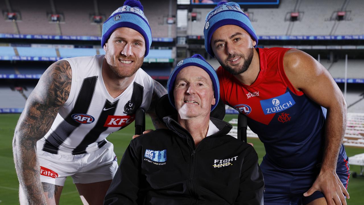 Neale Daniher with Tim Membrey of the Magpies and Christian Salem of the Demons ahead of today’s King’s Birthday clash at the MCG. Picture: Michael Klein