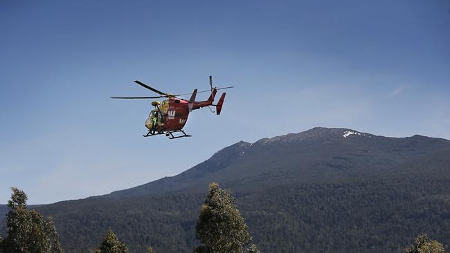 The Westpac rescue helicopter conducted low altitude search passes. Police and SES co-ordinated a search for 66-year-old Bruce Fairfax who went missing in the Duckhole Lake region south of Dover on in 2017. Picture: MATHEW FARRELL