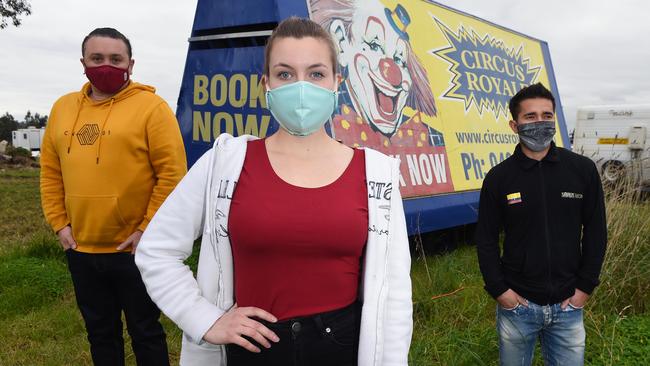 Circus Royale has been stuck in Bayswater since the coronavirus outbreak in March. (L-R) Owner and ringmaster Damian Syred, performer Lena Knipping and performer Sarius Leon. Picture: Josie Hayden