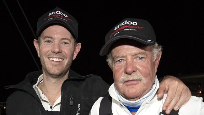 Andoo Comanche wins the Sydney to Hobart Yacht Race, skipper John Winning Jnr and John Winning Snr. Picture: Chris Kidd