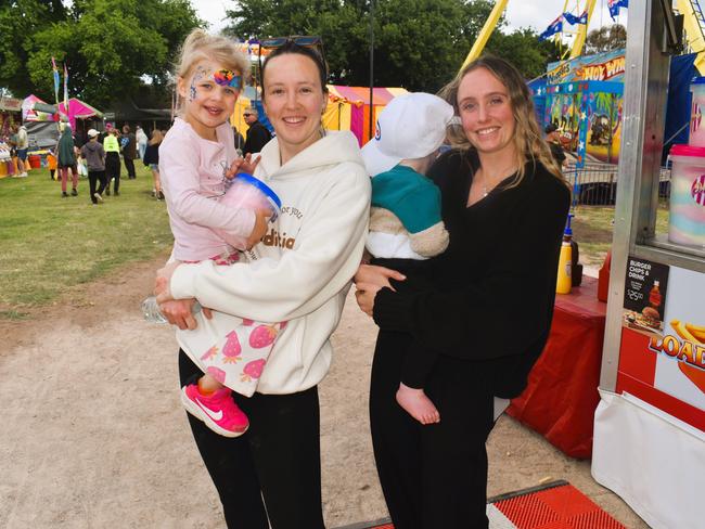 Attendees enjoying the 159th Sale Agricultural Show at the Sale Showgrounds on Friday, November 01, 2024: Paytin, Courtney McDonough, Dallas and Ash McDonough. Picture: Jack Colantuono