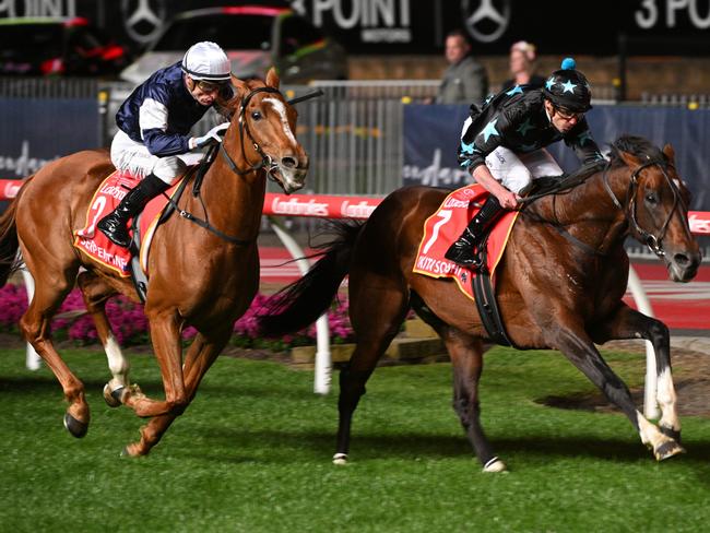 MELBOURNE, AUSTRALIA - OCTOBER 25: Billy Egan riding Okita Soushi defeats Serpentine in Race 7, the Ladbrokes Moonee Valley Gold Cup - Betting Odds during Melbourne Racing at Moonee Valley Racecourse on October 25, 2024 in Melbourne, Australia. (Photo by Vince Caligiuri/Getty Images)