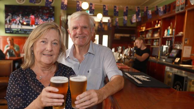 Lorraine and Alan George have a drink at the pub one of Lorraine’s ancestors built and owned almost 200 years ago. Picture: Angelo Velardo