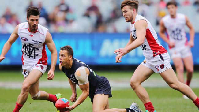 Jack Viney (right) says Melbourne’s loss to Carlton was a missed opportunity. Picture: Getty Images