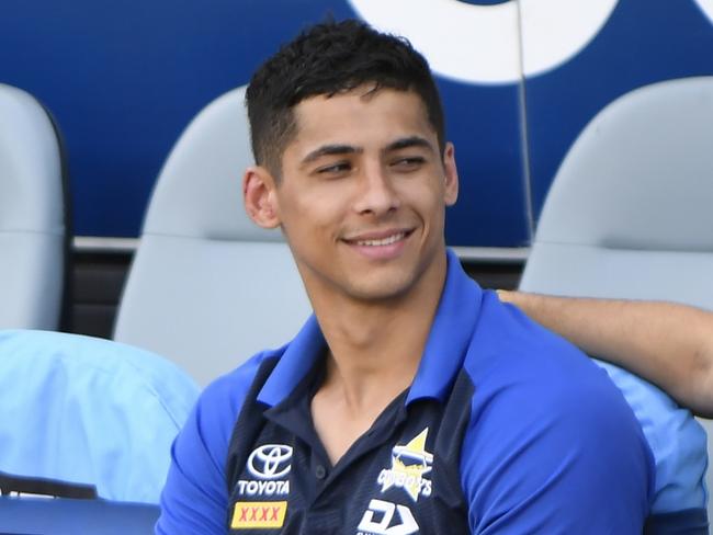 TOWNSVILLE, AUSTRALIA - MARCH 16: Heilum Luki of the Cowboys looks on from the bench after being injured during the round two NRL match between North Queensland Cowboys and Newcastle Knights at Qld Country Bank Stadium, on March 16, 2024, in Townsville, Australia. Picture: Scott Davis / NRL Imagery