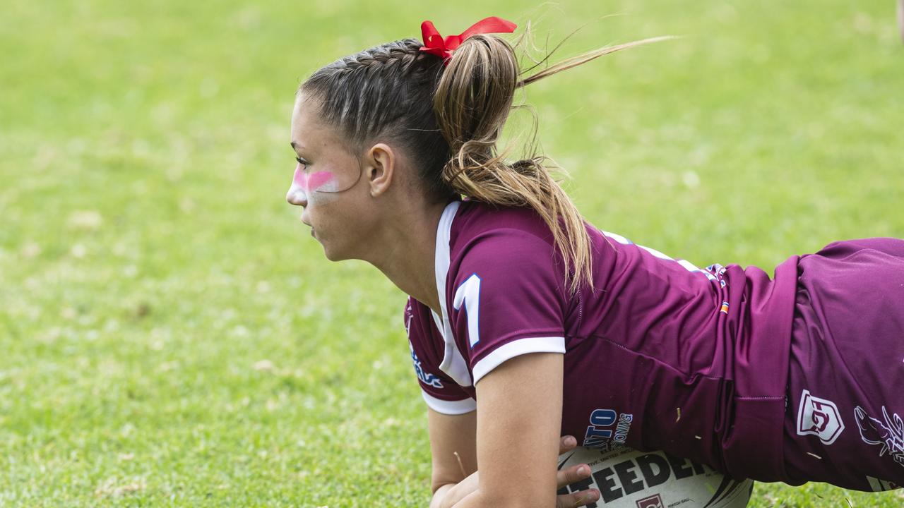 Allie-Parker Egel scores a try for Dalby during the 2024 Walker Weekend Challenge. Picture: Kevin Farmer