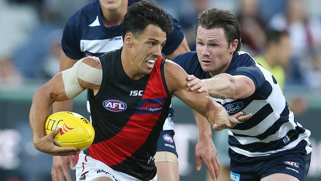 Dylan Shiel breaks away from Geelong’s Patrick Dangerfield during the JLT Series. Picture: Michael Klein