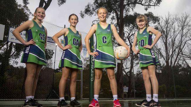 Zoe McArthur, Lucinda Feutrill, Lily Braddock and Hannah Adkins will play for the Hills 11 and under team at the Netball SA Country Championships – live streamed by The Advertiser and The Messenger. Picture: Kelly Barnes