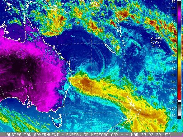 04/03/2025: Image taken from BOM satellite showing tropical cyclone Alfred approaching Queensland. 'False colour' layer illustrating temperature